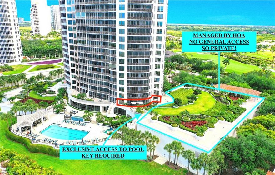 THE MOST UNIQUE PROPERTY IN BONITA BAY WITH A 2,200 SQUARE FOOT OUTDOOR LANAI + 284 SQUARE FOOT COVERED LANAI AND 2,711 square feet of living space for a TOTAL COMBINED AREA OF 5,195!  THERE IS NOTHING LIKE THIS ONE! STUNNING END UNIT in Estancia that exuberates elegance and sophistication and it LIVES LIKE A SINGLE-FAMILY HOME. Because this is a “one stack” END UNIT, you’ll love the SUN-SOAKED ROOMS with SO MANY windows throughout the unit; such a rare find.  
The MASSIVE OVERSIZED outdoor lanai, measuring 2,200 square feet is SO PRIVATE and perfect for entertaining, family reunions, or let your dog enjoy the largest outdoor space in the building. Or have your friends over for group yoga or an evening cocktail while you watch the sunset. The connected rooftop green space is only accessible by Estancia staff, so it’s like having your own private rooftop oasis all to yourself. Truly unique.
But YES, THERE’S MORE. From the lanai, you have PRIVATE access to the pool / hot tub that truly makes it feel like resort living within a few short steps. Easily access the garage and NEVER USE THE ELEVATORS should you choose—making for EASY IN AND OUT for you and your pets! 
Step inside and you’ll be impressed with this completely renovated unit that is GQ worthy. As you enter, you’ll notice the fresh paint and open concept living room with large windows and views to the lanai. The “one stack” layout is the best in the building and offers a functional and a private layout with bedrooms on opposite sides, complete with amazing views from every room. The master bedroom has a picture-perfect window overlooking hole # 10 of the Bay Island course. The 2nd bedroom has its own on suite bathroom with large closest. The bedrooms are spacious and filled with natural light.  The third bedroom/den was converted into a second living room, but could easily be transformed back for those looking for a different configuration for a third bedroom (see developer broacher for details) 
UPDATES INCLUDE: BOTH bathrooms taken down to the studs with gorgeous tile and walk in showers with chic vanities and magazine worthy lighting. New wide plank flooring in bedrooms, crown molding, all new light fixtures throughout, can lighting, fresh paint, new blinds, kitchen cabinets redone in 2026, new sink, and, new, durable, stylish quartzite countertops complimented by sophisticated gold hardware.  
This unit comes with TWO covered parking spaces in the south lower garage (#27,28). Estancia is a full service building complete with an excellent manager / staff, community and massage room, workout facility with his and her faculties, resort style pool area complete with gas fire pits, expansive views, and so much more. 
If you’re looking complexly renovated unit that offers unique indoor and outdoor living in one of the BEST Buildings in BONITA BAY, 4801 Bonita Bay Blvd #301 is for you. Bring your key and LIVE THE DREAM in this special unit.