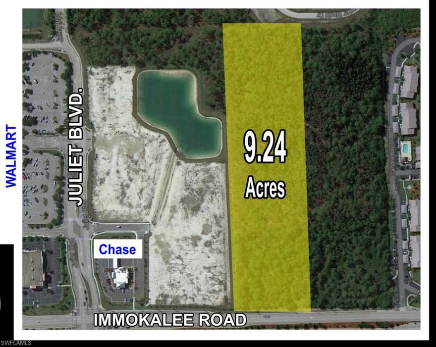 L.1596 Prime Real Estate! Vacant Land!  9.24 Acres in North Naples.  Shared access road with Super Wal-Mart in the highly visible I-75/Immokalee Road corridor.  Verified daily traffic count of 46,000.  Excellent commercial/residential location with guaranteed daily drive by exposure.
LEGAL DESCRIPTION: 30 48 26 E1/2 OF E1/2 of NW1/4 OF NW1/4, LESS N 100FT R/W 9.24 AC OR 1079 PG 1242