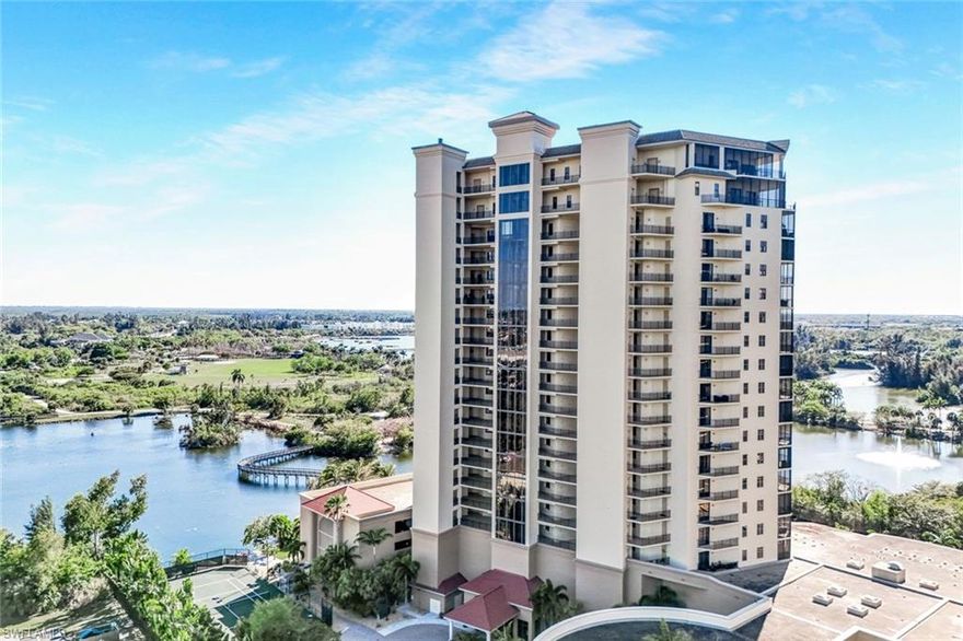 Experience refined high-rise living in this exceptional 18th-floor residence at Riva Del Lago. Showcasing sweeping, unobstructed southwest views over the 285-acre Lakes Park, this residence captures breathtaking sunsets and a tranquil natural setting that defines the Southwest Florida lifestyle.

This thoughtfully designed 3-bedroom, 2-bath condominium features an open-concept floor plan enhanced by 9.5-foot ceilings, elegant crown molding, and expansive impact-resistant windows and sliders that fill the interior with natural light. The spacious living and dining areas transition seamlessly to an oversized screened balcony, ideal for enjoying panoramic lake and preserve views. SEE HD VIDEO. 

The chef’s kitchen is both sophisticated and functional, appointed with stainless steel appliances, Corian countertops, and generous cabinetry, creating an ideal space for everyday living and entertaining. The primary suite offers a private retreat with stunning vistas, a large walk-in closet, and a well-appointed ensuite bath featuring dual vanities, a soaking tub, and a separate glass-enclosed shower. A comfortable guest bedroom and versatile den provide flexibility for visitors or a dedicated home office.

Additional highlights includes a glass elevator, dedicated laundry room with utility sink, impact windows and doors, recently upgraded high-speed fiber optic WiFi and cable, two premium deeded parking spaces, a private storage room, NO FLOOD DAMAGE FROM ANY HURRICANE and plenty of guest parking.

Residents enjoy a full suite of resort-style amenities including a lakeside pool and spa, updated fitness center, Har-Tru tennis courts, kayak launch and storage, grilling areas, social rooms with billiards, and direct private access to Lakes Park for walking, biking, and fishing.

Ideally located in South Fort Myers, just minutes from shopping, dining, medical facilities, entertainment, and the Gulf beaches, this residence offers an exceptional blend of luxury, convenience, and lifestyle.