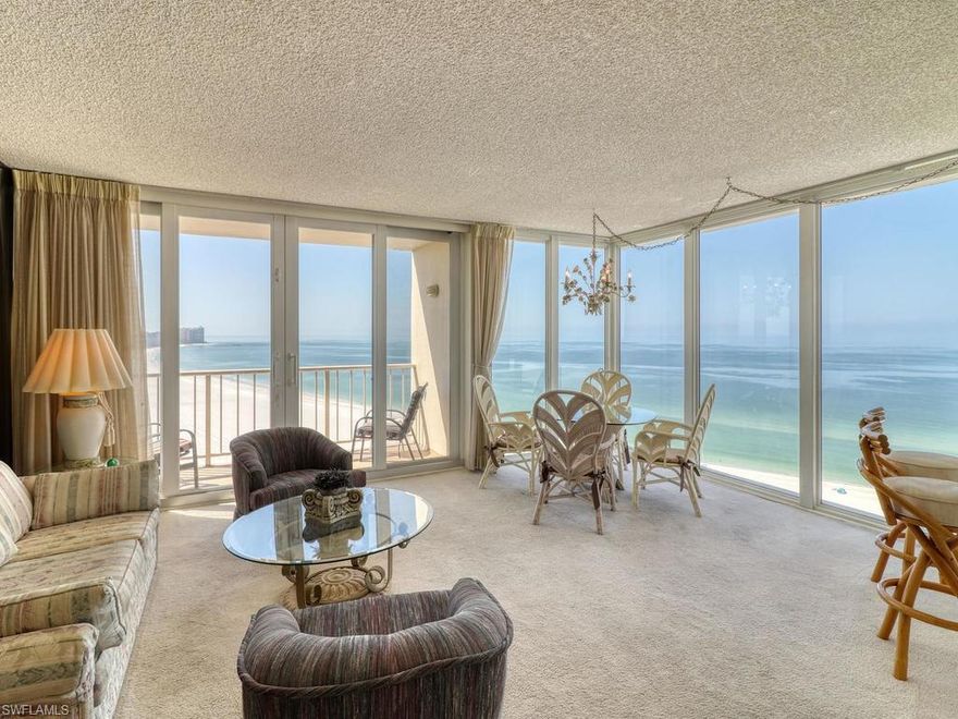 ENJOY UNPARALLELED VIEWS FROM THIS SOUTHWEST FACING FRONT CORNER UNIT. THIS 2 BEDROOM/ 2 BATH UNIT PROVIDES DAILY SUNRISES,  SPECTACULAR NIGHTLY SUNSETS AND UNOBSTRUCTED  VIEWS OF MARCO'S CRESCENT BEACH FROM TIGER TAIL TO CAPE MARCO. BUILDING AMENITIES INCLUDE A POOL/SPA AREA, PICKLE BALL/TENNIS COURTS, FITNESS ROOM AND ASSIGNED COVERED PARKING. LOCATED NEXT TO RESIDENCE BEACH AND WALKING  DISTANCE TO THE J. W. MARRIOTT.  BEST VIEWS ON THE ISLAND  !!!