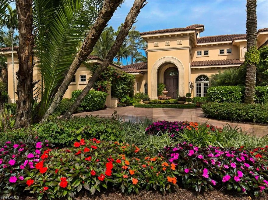 FULL GOLF MEMBERSHIP AVAILABLE INSTANTLY WITH THIS RESALE!!!A circular brick drive leads you to the outstanding entry highlighted by a bubbling fountain and this magnificent two story estate setting the tone for the elegant luxury you would expect from a home of this magnitude. A gas fireplace highlights the formal living room.  Serve special occasion meals in the formal dining room with selections from the wine room and wet bar. Top of the line built in appliances, rich wood cabinetry and granite countertops on the center island and extended breakfast bar.  The loft featuring a game room, media seating and wet bar. A guest suite and access to the terrace overlooking the pool and spa and elevated sparkling lake with golf course views beyond. Enjoy outdoor living and entertaining from the covered and sunlit gathering spaces in the expansive screened lanai. Gather under the loggia around the gas fireplace alongside the summer kitchen complete with built in gas grill and granite counters. Soak up the sunshine lounging around the sparkling pool featuring a spill over spa with shimmering lake and dual golf course views as the perfect backdrop for this extraordinary estate.