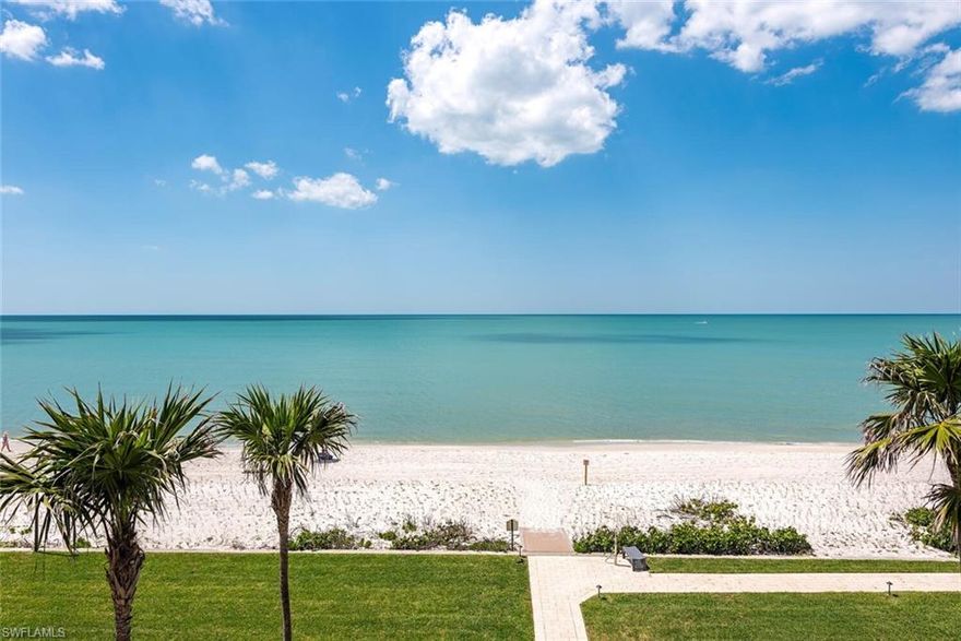 Direct, front-row gulf views! This rarely available, west-facing residence in Westgate’s premier south tower offers unobstructed, panoramic gulf and beach views stretching north and south along Naples pristine shoreline. Wake up to the sound of waves and end your day with breathtaking sunsets from your expansive screened and glassed-in covered balcony. Beautifully updated, this three-bedroom, 3.5-bath condominium seamlessly blends modern elegance with effortless coastal living. A spacious, open floor plan and grand foyer entrance lead to a sun-drenched great room, dining area, and renovated kitchen, all overlooking the Gulf. Impact glass throughout, solar shades, and electric shutters on the balcony provide enhanced comfort and convenience. The large primary suite is a private retreat with dual walk-in closets and an oversized bath featuring dual sinks, a soaking tub and a separate shower. Each well-appointed bedroom enjoys stunning gulf views, including a versatile third bedroom with an en-suite bath, used as a den. Westgate is one of The Moorings’ most desirable beachfront addresses, offering secured access, a saltwater pool, a sunset terrace, a fitness center, guest suites, an outdoor grilling area, onsite car wash set-up and more. With assigned garage space, generous storage, and on-site management, this is beachfront living at its finest. Directly on the sand in the heart of Naples, this is a rare opportunity to own a front-stack, center-positioned gulf-front residence in an exclusive community. Luxury. Views. Lifestyle. Welcome home.