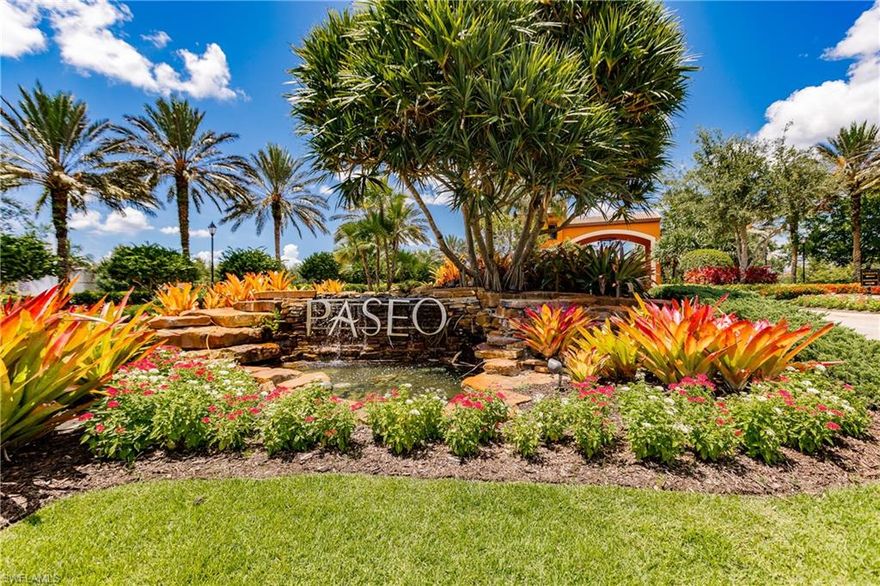 Come and enjoy this bright, airy SAN BENITO condo, built in 2014. This 2nd story "flat" with French doors leading out to 2 Juliet balconies & a SW Architecture flare is easy to maintain with tile in the main living areas & the convenience of split bedrooms and baths. Windows & doors have high impact glass. The oversized one car garage has room for the car & any extra storage space wanted. This corner unit is conveniently located just a short walk to enjoy your morning coffee at the Town Center or afternoon visits to the ice cream parlor.  Any time of the day that short walk also takes you to the 3 resort pools, tiki bar, state of the art Gym (including fitness classes), tennis courts & much more. A movie theater, pickle ball courts , bistro, pub, fine dining, a library & computers are also all offered for your use onsite.  Move-in ready, fully furnished & near the RSW International Airport, numerous shopping & dining facilities & so much more. If you are not yet familiar to all that PASEO has to offer, treat yourself to a quick look at the MyPaseo.com website & you will see why this community has been voted Community of the Year for 9 years in a row.