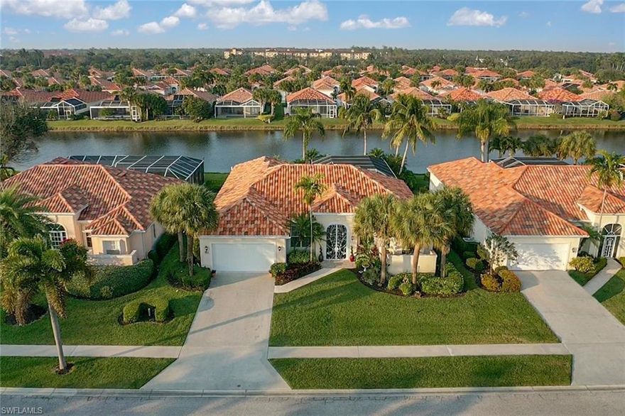 Wonderful lakefront home w/ pool & spa! This home offers a comfortable layout on the interior and fantastic outdoor living space w/ a peaceful & serene lake setting. Perfect home for annual or seasonal SWFL living w/ volume ceilings, screened front entry w/ custom wrought iron doors, upgraded tile in main living areas & guest suite, lots of natural lighting, a living & family room layout, formal dining room & breakfast nook, elegant light fixtures, spacious kitchen design w/ granite, backsplash & walk-in pantry, tons of storage space w/ walk-in closets in bedrooms that feature custom shelving & lots of storage in laundry room, den w/ French door entry, large master bedroom w/ custom shade on slider, 2 guest rooms & a guest suite, and a 2-car garage. You will love spending time on the large screened rear lanai that overlooks the lake. The bridge at the end of the street is convenient to ride or walk to the Village Walk Community Center that offers a fitness center, bocce ball, walk/jog paths, tennis, community room, library, post office, pickle-ball, gas station & car wash, 3 community pools, & more! Gated community w/ guard 24/7 & less than 7 miles from the beaches & close to I-75.