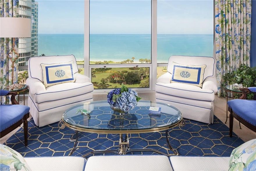 Capture Naples’ beautiful sunrises and sunsets from this exquisite, direct-on-the-beach residence overlooking unobstructed views to the Gulf of Mexico and Venetian Village through floor-to-ceiling glass windows and sliders. This very special home has been extensively remodeled including a centrally located grand gourmet kitchen completed in 2013. Family and friends will welcome the privacy offered by the guest suites and the spacious open floor plan designed for relaxing as well as entertaining. This home features East and West terraces, marble flooring, a Pecky Cypress and wood beam ceiling,  and custom crafted wall-to-wall entertainment center in the expansive family room. The fireplace and very inviting bar area will please party people as well as those looking for quieter moments. Le Jardin is known for its platinum level service. Welcome to #1402 as the private elevator grants access directly into the foyer. Pet friendly.