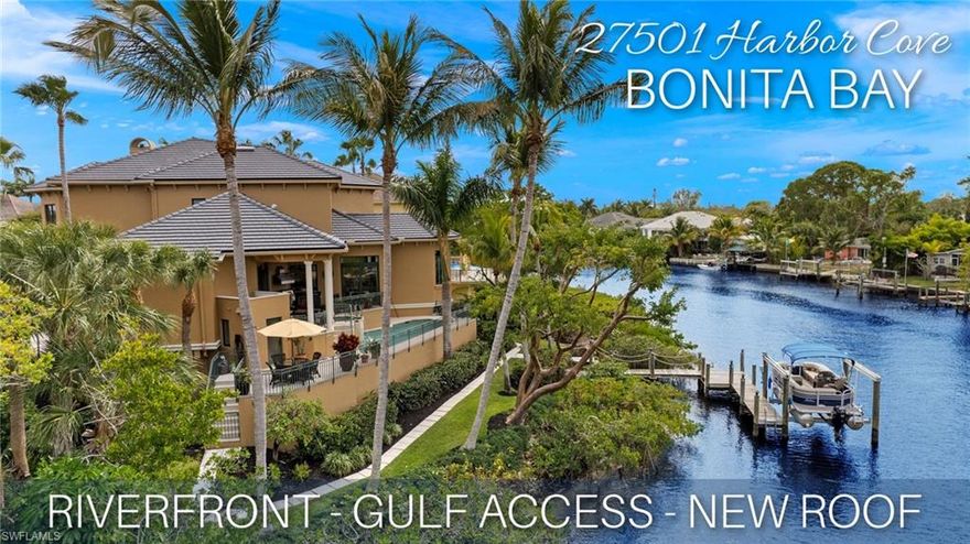 BREATHTAKING BEAUTY AT BONITA BAY - RIVERFRONT!! Stunning riverfront dream home boasting nearly 4,700 square feet of elegant and timeless design complete with stunning elevated pool and spa, multiple walk-out terraces, water views from front to back, private elevator, boat dock with 10,000 lb. lift, BRAND NEW ROOF (2024) and so much more. Additional features of this one-of-a-kind home include new porcelain tile wood like floors imported from Italy, refreshed kitchen with Sub Zero, Wolf (2024) and Miele (2024) Appliances, double sided marble gas fireplace, masterful ceiling details, crown moldings and unique mill work, large scale windows throughout filling the home with natural light and opening the views to the river, lagoon and wonderful canopied trees, marble staircase, custom drapes, custom chef's kitchen with eat in breakfast nook, gorgeous guest suites with walk out balconies, grande primary suite with fireplace and balcony, spa like primary en-suite with huge walk in shower and oversized jetted tub, wet bar with new wine cooler and ice maker (2024), new state-of-the-art security system with cameras, 2 new tankless gas water heaters (2022), new washer and dryer (2023) and so much more!! Outdoors enjoy river life at it's finest while you take in the river views, enjoy your large pool deck with outdoor kitchen, elevated sparkling swimming pool and spa with all new equipment (2022), boat dock with 10,000 lb. lift providing quick access to the gulf and bay, rear side garage overhead door for easy kayak and paddle board launching, perfectly manicured tropical landscape highlighted by heritage Gumbo Limbo and Coconut Palms, HUGE 2,850 SQUARE FOOT GARAGE FOR 6+ CARS and so much more!! This home is located within the gated, guarded and highly desirable Audubon Rated, Award Winning community of Bonita Bay!! Bonita Bay uniquely offers wonderful canopied foliage, numerous parks, 12 miles of hiking/walking and biking trails, private white sand beach with chair, towel, umbrella and snack service, separate social and golf membership (5 Courses) availability, full-service marina, waterfront restaurant, kayak park and so much more! Call for your private showing today!!