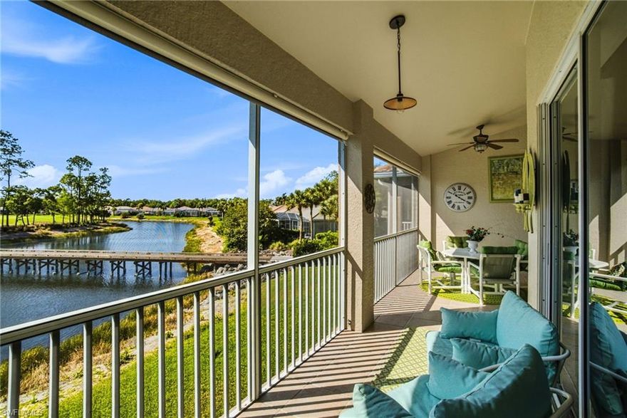 PERHAPS THE BEST VIEW IN VANDERBILT COUNTRY CLUB! ENJOY SPECTACULAR LONG VIEWS OF THE GOLF COURSE, LAKE, BRIDGE, AND SCENIC WOODED VISTAS FROM THIS BEAUTIFULLY MAINTAINED RESIDENCE IN ONE OF NAPLES’ PREMIER BUNDLED GOLF COMMUNITIES. Every room offers golf course views & coveted Southeast exposure grants gorgeous natural light. Light, bright, and move-in ready, this immaculately maintained home features an open, lofty floor plan with 3 bedrooms, 2 bathrooms, soaring high ceilings, stylish beach-inspired furnishings, and elegant rattan light fixtures throughout. This thoughtfully designed split floor plan offers a private guest bedroom wing located on the opposite side of the primary suite—perfect for hosting family and guests. Additional highlights include a 2019 roof, updated HVAC and water heater, an attached garage with space for both a car and golf cart, and an oversized driveway with room to park 4+ vehicles. Step outside to your expansive screened-in lanai and take in the breathtaking panoramic views of the lake and golf course—an ideal setting to relax or entertain. The spacious kitchen features white cabinetry, light countertops, stainless steel appliances, ample storage, and a breakfast bar for casual dining. The primary suite enjoys stunning views, private lanai access, and an ensuite bath with dual vanities, a separate soaking tub, and a glass-enclosed shower. Vanderbilt Country Club is a highly desirable bundled golf community featuring a beautifully manicured 18-hole championship golf course and exceptional resort-style amenities. Residents enjoy a newly rebuilt pool and spa with poolside food and beverage service, newly completed bocce courts, a fully equipped fitness center offering massage therapy, yoga, physiotherapy, personal training, and a variety of fitness classes. Across the way sits the beautifully renovated clubhouse with three distinct dining venues overlooking the 5th and 9th greens, along with a full-service pro shop. The racquet center features a tennis and pickleball pro shop managing the community’s clay courts, league play, and organized activities. Golf enthusiasts will appreciate three PGA-certified instructors, two driving ranges, a putting green, and a dedicated short-game practice area. The club also hosts a vibrant calendar of social events throughout the year.