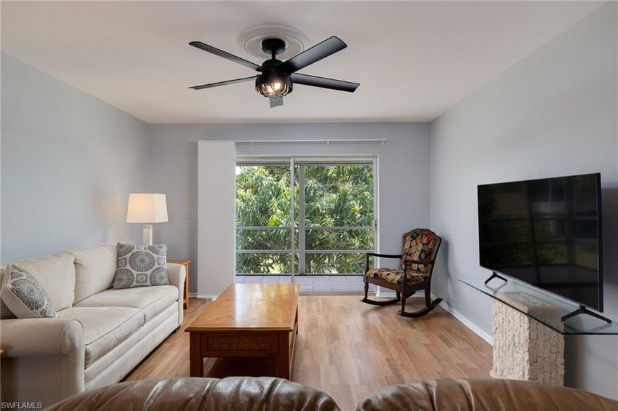 The only one for sale in these 2 buildings and a Turnkey unit.  This is a 55+ community with no pets. Sorry. TV in the main sitting room is not included. This is a friendly, easy-going community.  Located less than 1.2 miles from Publix grocery, restaurants, UPS, and large box stores.  This nice 2-bedroom, 1.5 bath. It is located in North Fort Myers, just off Hancock Bridge and Orange Grove. The community provides easy access to the river through its own private marina.  Boat slips are available upon request and on a first-served basis, and at a very nominal fee per year.   This beautifully landscaped community features an Olympic-sized heated swimming pool, clubhouse, shuffleboard, boat ramp, BBQ area, and beautiful garden views.  There is a large Mango tree just off your deck.  Make this friendly community condo your new home!  Unlike the other larger buildings, there are no assessments currently or coming due anytime soon.  Don't delay, make this your next winter or year-round spot.  The clubhouse offers games, a pool table, and social activities. Close to RSW and Punta Gorda Airports.  Just 1/2 hr away. Just minutes from downtown Fort Myers, where there is always something to do.  The downtown offers multiple choices for shopping, dining, and entertainment.  In about 20-25 minutes, you can be in downtown Cape Coral or Punta Gorda.  This area of the SW is sub-tropic which makes for beautiful scenery and year-round enjoyment.  Parks for riding bikes or walking are always close by, and you can walk the beautiful new bridge to downtown over the Calloosahatchee River and catch beautiful sunsets or sit on your deck for the morning sunrise.