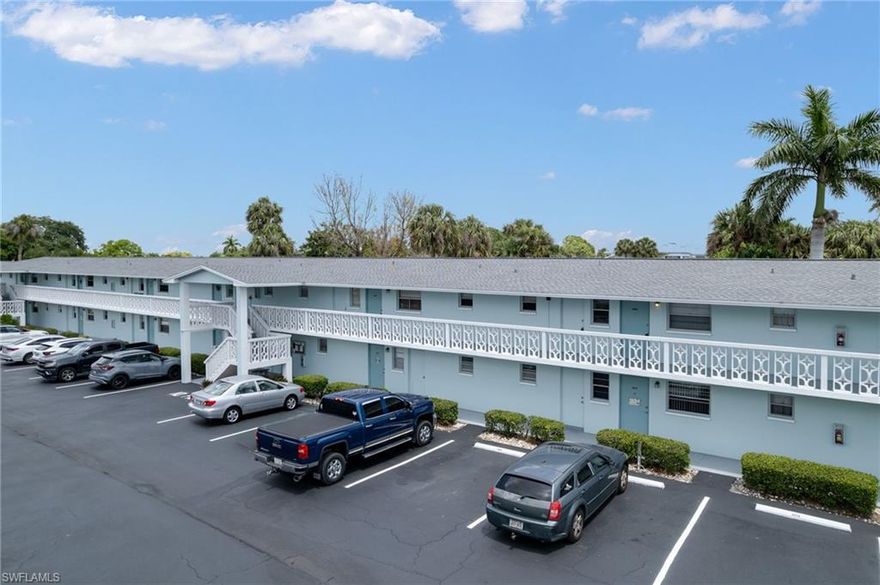 The only one for sale in these 2 buildings and a Turnkey unit.  This is a 55+ community with no pets. Sorry. TV in the main sitting room is not included. This is a friendly, easy-going community.  Located less than 1.2 miles from Publix grocery, restaurants, UPS, and large box stores.  This nice 2-bedroom, 1.5 bath. It is located in North Fort Myers, just off Hancock Bridge and Orange Grove. The community provides easy access to the river through its own private marina.  Boat slips are available upon request and on a first-served basis, and at a very nominal fee per year.   This beautifully landscaped community features an Olympic-sized heated swimming pool, clubhouse, shuffleboard, boat ramp, BBQ area, and beautiful garden views.  There is a large Mango tree just off your deck.  Make this friendly community condo your new home!  Unlike the other larger buildings, there are no assessments currently or coming due anytime soon.  Don't delay, make this your next winter or year-round spot.  The clubhouse offers games, a pool table, and social activities. Close to RSW and Punta Gorda Airports.  Just 1/2 hr away. Just minutes from downtown Fort Myers, where there is always something to do.  The downtown offers multiple choices for shopping, dining, and entertainment.  In about 20-25 minutes, you can be in downtown Cape Coral or Punta Gorda.  This area of the SW is sub-tropic which makes for beautiful scenery and year-round enjoyment.  Parks for riding bikes or walking are always close by, and you can walk the beautiful new bridge to downtown over the Calloosahatchee River and catch beautiful sunsets or sit on your deck for the morning sunrise.