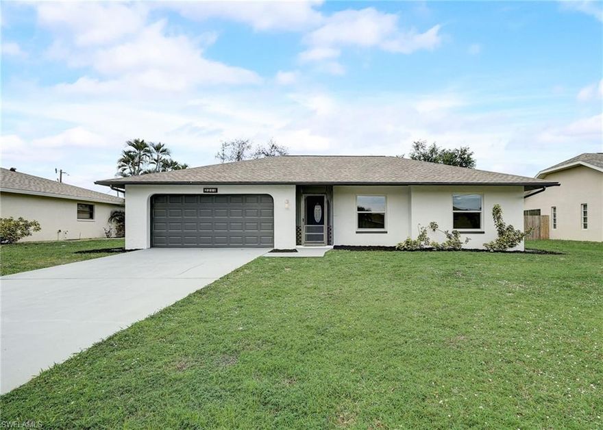 One of the best priced pool homes in Cape Coral and it's fully remolded! This home offers a 2023 roof, a 2019 AC, a 2024 pool pump, and all city water and sewer assessments are paid. Fully renovated, 3 bedrooms, 2 bath pool home in the heart of Cape Coral! Every part of the home was touched during this renovation. The kitchen is equipped with new stainless-steel appliances, quartz countertop and wood shaker cabinets. Floors were all updated to a modern ceramic tile and both bathrooms were fully upgraded! Centrally located within a short driving distance to downtown Fort Myers and just a 5-minute drive to Rosen Park and Boat Ramp. Seller finance available. Call today for a private tour!