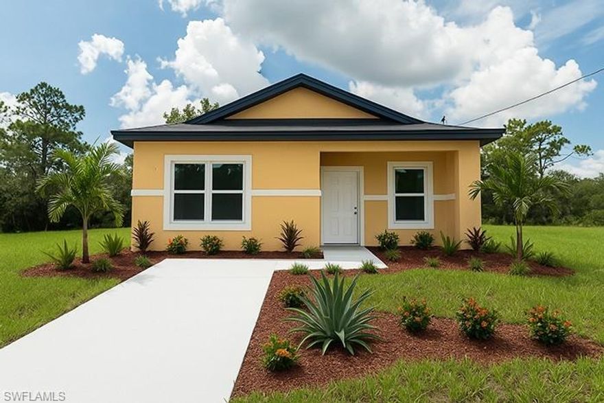 BRAND NEW CONSTRUCTION! 2 Bed / 2 Bath Home in Southwest Lehigh Acres — Be the first to call this modern residence home. This two-bedroom, two-bath floor plan features an open-concept layout with abundant natural light, beautiful tile flooring throughout, and wood shaker cabinets. The master suite includes an ensuite bath with a large tiled shower. Granite counters in the kitchen and bathrooms compliment the full kitchen appliance package, and the home offers inside laundry with washer and dryer hook-up. Enjoy a covered rear lanai and contemporary lighting and fixtures. Conveniently located near Lehigh Acres amenities and competitively priced among new construction in the area. Photos may not be of actual unit- for marketing purposes only.