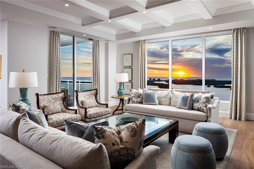 Enjoy breathtaking views from this 21st-floor penthouse in Seaglass at Bonita Bay. This Sand Dollar award-winning property was custom-designed with every detail in mind and is like no other unit in the building. A full wall of floor-to-ceiling windows and four open balconies surround this beautiful residence. The home boasts custom Woodcrafters Cabinets built-ins, Lutron automation, Grid4 smart home with sound system and indoor/outdoor speakers, Thermador appliances, glass inlaid balcony railings, custom bar with double wine fridges and four additional cooling drawers, just to name a few. The master suite was redesigned and features a massive walk-in closet, and offers elegant selections throughout. Seaglass offers residents an unsurpassed lifestyle that includes 24-hour concierge services, a resort-style pool, billiard room, fitness center, private movie theater, event rooms, guest suites, private rooftop terrace and dual luxury spa and massage rooms. Bonita Bay offers five world-class championship golf courses, tennis, pickleball, marina, courtesy shuttle to a private beach park on Little Hickory Island and 12 miles of biking and walking paths.
