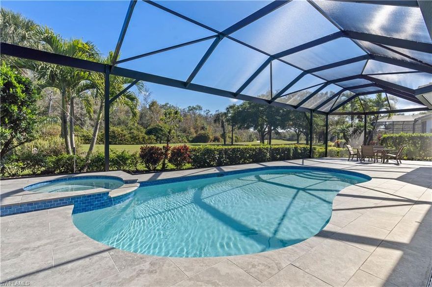 Rare opportunity to purchase a gorgeous, larger and renovated single family home in Naples Heritage! 
This home features stunning curb appeal with wonderful landscaping (plus landscape lighting in the evening!) and a recently painted exterior (2025). As you enter the home you will immediately notice beautiful golf course views overlooking the pool and spa. The home features a split floor plan offering plenty of privacy and space when hosting family and guests.  With over 2,600 square feet, this home features a formal living area, family room and dining spaces suited for both everyday living and entertaining. If you are looking for incredible outdoor living, look no further! With one of the largest outdoor covered spaces in Naples Heritage and incredible updates, you can start enjoying the ultimate Florida lifestyle today. The deck features gorgeous upgraded porcelain tile pavers (2022), a completely remodeled pool and spa with new tiles, resurfacing, all new top-of-the-line internet based pool equipment (2022) and a new picture window cage (2022). The kitchen is a chef’s dream and was fully remodeled (2022), featuring quartz countertops, new appliances, and a large island that serves as a central gathering space. 
Additional highlights include impact-resistant windows and sliders throughout, with gorgeous windows and sliders all along the back of the home overlooking golf course views on the third hole as well as newer luxury vinyl flooring throughout. There's more! The guest and powder bathrooms were recently updated,  the roof was replaced in 2018, a whole home surge protector was added in 2025, and there is a newer water heater (2023). Just bring your tooth brush because this home is being offered completely turnkey for your convenience! 
As a resident of Naples Heritage, you'll enjoy access to a full golf membership to this premier bundled golf community. The 18-hole, Gordon Lewis-designed course offers a variety of golf leagues, clinics, and tournaments. But the amenities don't stop at golf! Naples Heritage also features four pickleball courts, six tennis courts, a fitness center with a wide range of classes, bocce, and poolside dining at the Palm Terrace overlooking the resort-style pool. The main clubhouse offers additional dining options, and there are countless social events throughout the season to keep you connected with the vibrant community. The location couldn’t be more convenient—just 15 minutes to downtown Naples, with quick access to I-75 for easy trips to the airport or south to Marco Island. Don’t miss out on this incredible opportunity to own your slice of paradise. Come see this exceptional home today!
