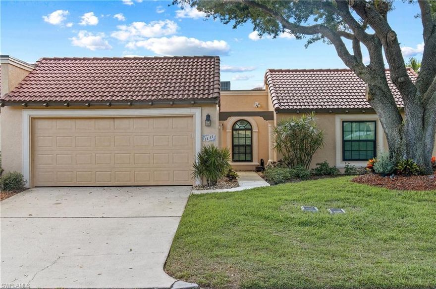 Welcome home to Mission Monterey! This two-bedroom, two-bathroom Villa is located on a corner lot and has been completely updated with no carpet, all tile throughout. Home is being sold turnkey, just bring your personal belongings! Enjoy cooking from your double oven overlooking the open living/dining area with 14 foot cathedral beamed ceilings. Enjoy relaxing and entertaining out on your own private courtyard in your heated spa. LOW HOA fees and community is gated. Impact doors and windows added in 2020, new hot tub heater in 2021, roof 2013, new lanai pavers, new soft close cabinets, water heater (3 years old) and AC (8 years old). Schedule your showing today!