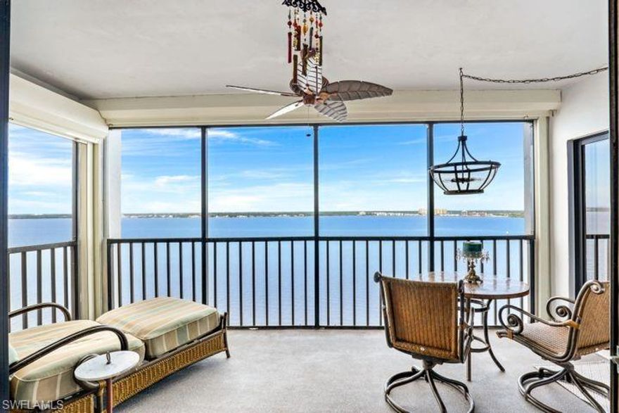 Some of the best views in SWFL, unobstructed views of the Caloosachatee river. Enjoy  breathtaking sunsets on your western exposure balcony every evening as you sip your wine and wave to the abundance of boaters going by. This condo has everything you need, charm, style and unique features. The kitchen has custom cabinetry, stainless steel appliances, butchers block, copper sink, and a tin ceiling. Entertain your guests from an elegant, spacious living room with magnificent views though your wall of sliders onto a large screened balcony complete with electric hurricane Kevlar shutters, new floors and master bedroom access. The master bedroom is a great size with more spectacular views, an updated bathroom designed for soaking and pampering and a large walk-in closet. A second bedroom also with a walk in closet and beautiful bathroom provide perfect quest privacy and give the condo ample storage space. The current owner has truly made this a home with many upgrades including, double hung impact windows for spotless cleaning,  crown molding, tank less water heater(2021), electrical and plumbing updates and fresh paint. Building has new elevators(2022), painted(2022), all new floors in the building(2022) and roof in 2018. All special assessments have been paid in full by the current owner.