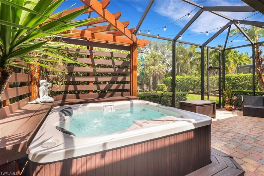 Built in 2014, this well maintained residence offers 3 bedrooms, 2 bathrooms, a private office with custom built-ins. Approximately 1,912 square feet of thoughtfully designed living space, perfect for families, retirees, or seasonal residents seeking comfort and elegance. As you step through the inviting front door, you’re greeted by an open-concept floor plan that seamlessly blends sophistication with functionality. The spacious living area features neutral wood flooring and natural light, creating a warm and welcoming ambiance. The kitchen is a chef’s dream, boasting granite countertops, stainless steel appliances, a large center island, and ample cabinetry for storage. Adjacent to the kitchen, the dining area flows effortlessly into the living room, making it ideal for entertaining guests or enjoying cozy family nights. Outside, the home’s charm continues with a beautifully landscaped lot spanning 0.2 acres. The screened lanai offers a serene space to unwind, including a hot tub and privacy pergola overlooking a private backyard with lush greenery and preserve views, ensuring tranquility and privacy. Imagine sipping your morning coffee or hosting a sunset barbecue in this peaceful oasis. The attached two-car garage provides ample storage and convenience, with additional upgrades like hurricane shutters for peace of mind.