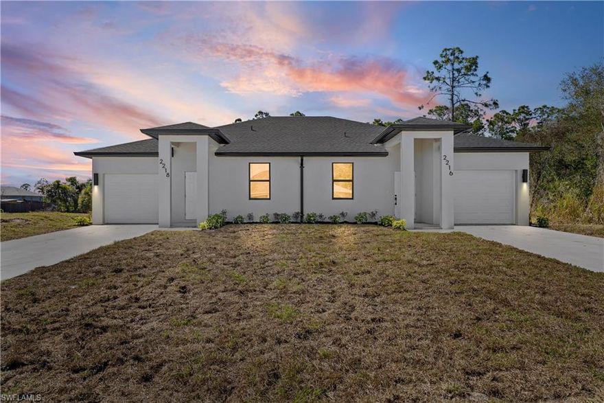 Exceptional opportunity to own a new construction duplex in Lehigh Acres featuring 3 bedrooms and 2 bathrooms on each side, with modern finishes throughout and a layout designed for flexibility.

Each unit offers a spacious open concept design with tile flooring throughout for easy maintenance and long term durability. The kitchens feature white shaker cabinets and quartz countertops, delivering the clean, modern look today’s buyers are searching for. The bright living areas flow naturally into the kitchen and dining space, creating a functional layout that works well for both everyday living and entertaining.

Both primary suites include well designed bathrooms and generous closet space, while two additional bedrooms in each unit provide flexibility for families, roommates, or home office use. Whether you are looking to live in one side and rent the other, or simply add a versatile property to your portfolio, this duplex offers options.

Situated on a canal backed lot, the property enjoys added privacy with no rear neighbors and a peaceful natural backdrop that enhances the overall setting.

Located just minutes from State Road 82 and Lee Boulevard, this property offers quick access to Daniels Parkway, Fort Myers, I 75, RSW Airport, shopping, dining, and major commuter routes. This is a prime location for those who want convenience while still enjoying a residential environment.

No HOA.

If you have been searching for a duplex in Lehigh Acres with modern finishes, a canal backed lot, and easy access to Fort Myers, this is one you do not want to miss.