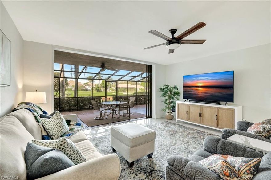 This Fresh, Sleek, Contemporary, 3 Bedroom, 2 Full Bath with Adjoining Carport (Just Outside the Front Door)- Will Complete Peaceful, Serene Feeling One Looks For When Coming Home. Designer Finishes Throughout. Light Wall Hues with Highly Polished Large Porcelain Tile Create a Big and Bright Look. Sellers Opened up the Kitchen, Creating a Large Gathering Island and Breakfast Bar. Quartz Counters, Seafoam Green Tile Backsplash, LG Appliances, Extra Pantry. Furniture Designed Perfectly to Scale. Being Sold Turnkey (Furnishings are NEW) with a small exclusion list. Super Size Screened In Lanai, Can Hold a Large Outdoor Living Set and Table & Chairs. Must See Views! Be Sure and Watch the Video! HVAC-New, Breaker Box, Square D, HW Tank- New. The Paid For Building Painting is Being Started Soon. Roofs- NEW.  The Forest Country Club Membership is Optional- There Are Currently New Resident Discounts Being Offered. The COA Fees for the Condo DO Include the Master Association Fee, Water, Internet/Cable, Pest, Lawn/Maintenance, Roads, Pool, Grills. Please Note some amenities listed require membership in the CC,  The Forest Community Offers 2 Manned Gated Entries, Over 8 Miles of Sidewalks, Children's Park, Bike to Lake's Park for Market Day, Or a Near By Coffee Shop, RSW is Just 15 Min, Sanibel 20 Min, FMB 25 Min, Grocery Stores 5 Min, Schools Nearby, Houses of Worship within 15 Min, Our Golf Courses Are Audubon Certified, Wildlife Everywhere! This is Your Time, Come Live & Play In The Forest!