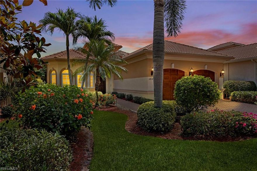 Enjoy tranquil, sunrise lake views in this former Isabella model home, located on a quiet street across from a preserve. The over 2,900-square-foot home was furnished by Vogue Interiors. The desirable great room floor plan has three bedrooms, three-and-a-half baths, dining room and an office, furnished for a quick and easy move-in. The great room has sliders that stack back to open your indoor space to outdoor living. Step out to custom water effects on your screened-in pool/spa, making this the perfect spot for morning coffee or entertaining friends and family. The kitchen offers a breakfast nook, light custom cabinets with soft-close doors, granite countertops, island seating for four, under-cabinet lighting, stainless steel appliances and a walk-in pantry. Other features include five ceiling fans, creative ceiling designs, an office with French doors, crown molding throughout, plantation shutters, 8-foot solid core doors. The Vineyards is centrally located close to shopping, I-75, the beach and Vineyards Elementary School. There is a new wellness center with a spa, gym and lap pool. It has two championship golf courses, tennis and pickleball courts. Membership is optional.