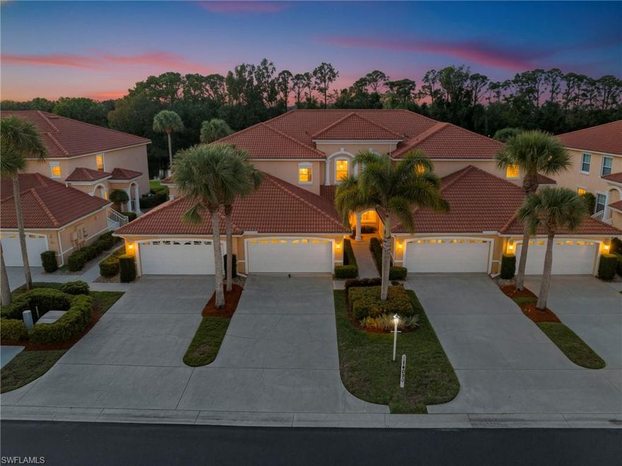 Welcome home to your 1ST FLOOR Carriage home, with SOUTHERN EXPOSURE, AND PEACEFUL LAKE & SUNSET VIEWS. This beautifully maintained home offers, 3 Bedrooms, 2 full baths, plus a 2 Car Garage.  Updates include Roof (2019), Refrigerator (2025), Dishwasher (2025), Microwave (2025), Range (2021), Washer (2025), Dryer 2020.  You will find tile throughout the main living area, and vinyl wood like tile in the 3 bedrooms. The windows are impact resistant, and the lanai has an electric roll-down hurricane shutter. NO FLOOD INSURANCE REQUIRED! Enjoy this Pet-Friendly, Amenity Rich community of Eagle Ridge Lakes that offers a Social Program for residents, and has 2 pools, tennis, pickleball, shuffle board, basketball, kids play area, fishing pier, and a 1.7 mile jogging path that wraps around the lakes.  The Clubhouse has a gathering room, kitchen, pool table & library, fitness room, and a sauna. Eagle Ridge Lakes is centrally located in the heart of Fort Myers and is near I-75, SWFL Int'l Airport, Red Sox & Twins Spring Training Stadiums, Eagle Ridge Golf Course is open to the Public & gives a discount to its residents, Restaurants, Shopping Malls, Entertainment and the Beautiful Beaches of SW Florida.  Welcome home, to your slice of Southwest Florida Paradise!