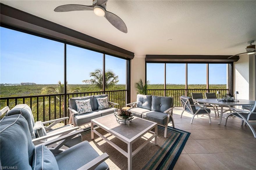 In this inviting mid-rise residence of Castella, one can appreciate the carefully selected upgrades surrounded by incredible scenic natural beauty from the floor-to-ceiling doors by the terrace. There is an easy flow to gather and retreat to your day with a spacious floor plan that creates privacy for your guests in all the bedrooms and easy flow to the bright and sunny fully tiled balcony, which offers a tranquil setting and peace of mind with storm protection shutters, hurricane doors and no-see-um screens. The owner’s suite beside the balcony offers the best Estero Bay view, complemented by a custom closet and blackout shades for a peaceful night. Expansive cabinetry in the kitchen with stainless steel appliances and an oversized center island with plenty of storage. En-suite baths in all the bedrooms. Recent renovations include luxury vinyl flooring, new ceiling fans, Varilight switches, Hunter Douglas blinds, plantation shutters, newer air conditioner, condenser and water heater. Castella offers one of the best resort-style pools with a cascading waterfall, a heated tropical pool and a spa. It also has a social pavilion and sun deck with barbecue grills surrounded by a tropical landscape. Two assigned parking spaces are in a controlled-access garage. The entry courtyard has fountains, secured building access and bicycle storage. The Colony Golf & Bay Club offers a private beach island, canoe and kayak, pickleball, bocce and tennis, all included in your monthly fees and no additional membership is required.