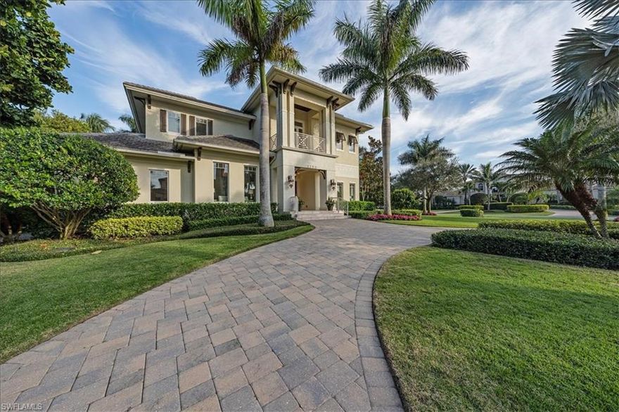 Elevated turnkey coastal contemporary home on one of the nicest streets in Moorings, walking distance to the Moorings Beach Club! A grand entrance ushers you inside more than 5,000 square feet. Located on an oversized corner lot and ready for a pool addition with southwest exposure. The main level opens with lightly lived-in Floridian-style interiors, flowing from the open great room, dining room and kitchen that leads to a covered entertainer's patio with an outdoor kitchen surrounded by lush, tropical landscaping. Natural light floods in from abundant windows throughout. Set on the main level and attached to the den, the primary suite feels private and hotel-like with a relaxing spa bath and spacious walk-in closets. Three generous ensuite bedrooms, plus open sitting areas with a balcony and a private sunning deck reside upstairs. The indoor/outdoor flow of this home captures the Naples lifestyle in perfect form. Added to the list of amenities: two convenient laundry rooms, as well as a large garage with room for three cars and storage.