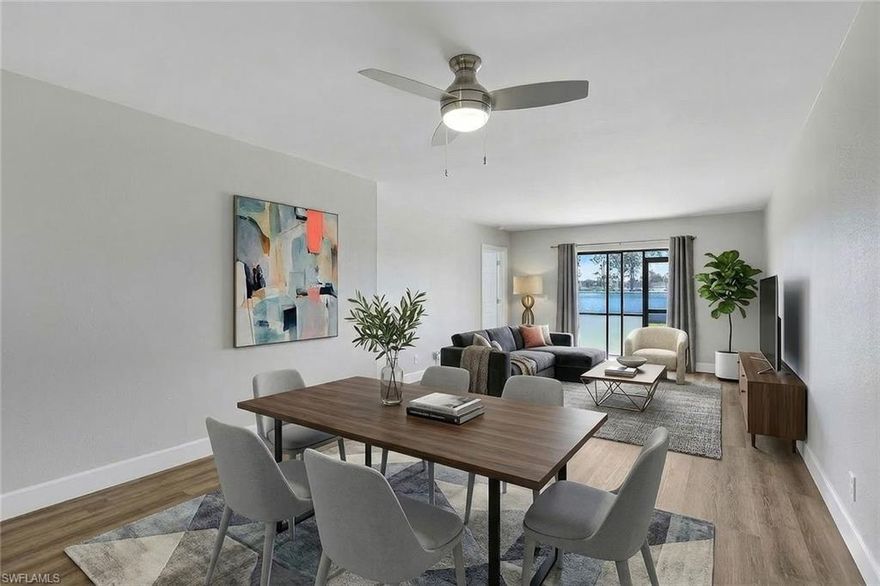 One or more photo(s) has been virtually staged, AI generated or rendered.  SOUTH - WEST VIEW!  With GORGEOUS Sunsets! 55 Plus Community!  Step into this newly renovated FIRST FLOOR CORNER CONDO.This 2 bedroom / 2 full bath home is overlooking a golf course that highlights the seamless blend of luxury, serenity, and manicured nature. It is often described as "picturesque as a postcard," where lush green fairways and high-contrast white sand bunkers offer a visually stunning panorama views!  This home has it all!   New floors, doors, cabinets, quartz counter tops, fixtures, A/C, appliances, hot water heater, NO popcorn ceilings, and new paint.   Come and view this amazing unit!  This will go quickly, bring your offers!   The staging helps understand placement of furniture!