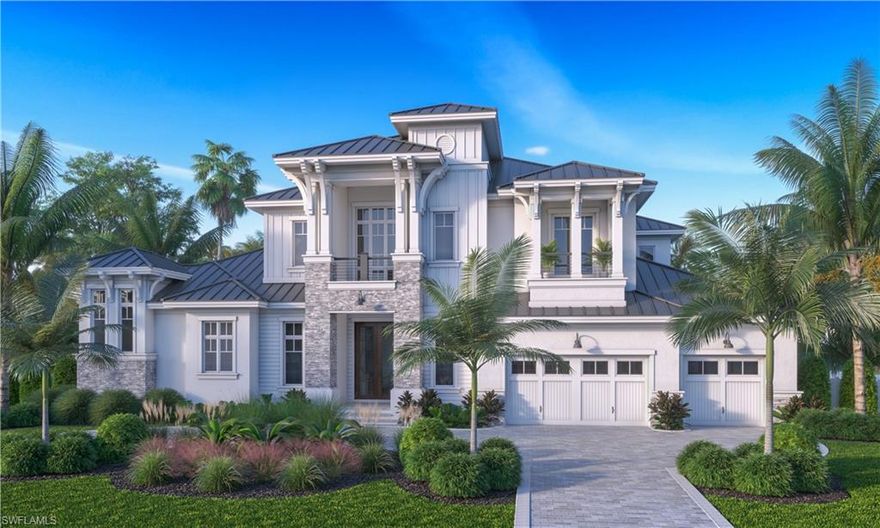 Fantastic NEW construction by Aqua Custom Homes..  This home features 4 bedrooms 4.5 baths-  Master and guest suite on the first floor-  open kitchen 2 story great room with disappearing corner sliders open to an over sized covered lanai with Summer kitchen  & gas fireplace.  Wide bay views with SW exposure AND a location that offers quick boating access to open water!  Master suite has dual walk in closets, walk in shower with soaking tub and dual vanities!  upstairs features a club room with walk behind bar 2 more guest suites and a covered balcony..  This special property has not only wide water bay views out back but it fronts to charming park with a small lake, and walking paths.