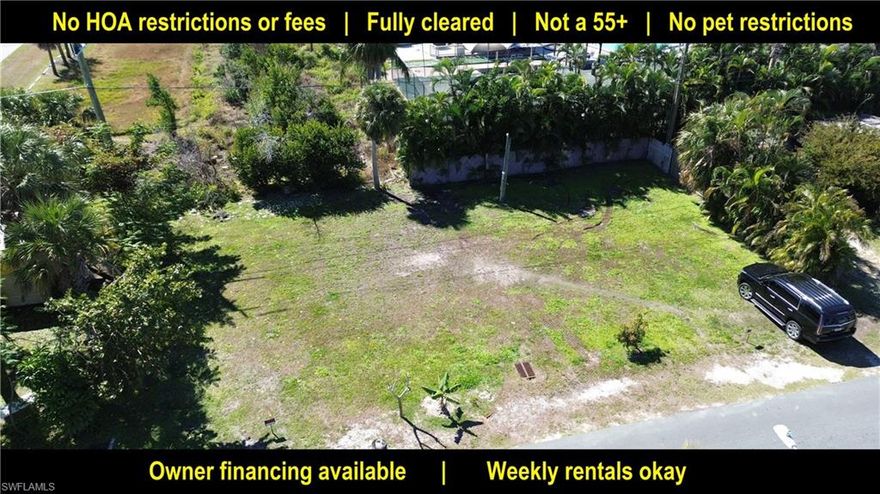 SELLER FINANCING AVAILABLE. Yes, affordable land near the beaches still exists! This great Iona location comes with added perks too: No HOA fees. No age restrictions. And no pet restrictions. Thinking of building and renting your new property out (AirBnB, VRBO) when you aren't using it yourself? No problem-- There's no restrictions on weekly rentals here either! So if you are in the market for a great parcel out towards the beaches but are opposed to an association with lots of rules & fees, this may be the perfect match for you. Located in the Iona Gardens community just off McGregor near the beaches & all South Ft Myers has to offer. The neighborhood consists primarily of manufactured homes on spacious lots but you are able to build a site-built home here as well (others already have done so, and more are sure to do so in the future). So whichever route you want to go this is a great consideration. Investors: This area is perfect for Airbnb weekly rentals. With so many communities having numerous restrictions, this one leaves you free to profit off your investment. Combine the low price + $0 HOA + proximity to beaches means this could be a great income generator. There's even an optional clubhouse & community pool down the street for just $350/year. Cleared & ready to build. City water/sewer in this area too, so no septic or well water concerns. Don't delay on this one!