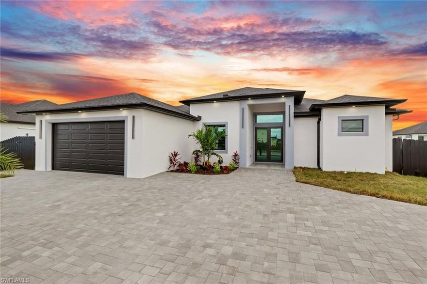 Welcome to your new construction masterpiece, a gorgeous 1800 sqft home that blends modern luxury with effortless Florida living. This thoughtfully designed residence features 4 spacious bedrooms and 3 full bathrooms, including three en-suite bedrooms with direct bathroom access for ultimate privacy and convenience. Step inside to find gorgeous porcelain tile flooring throughout, elegant 8-foot doors, 5.25-inch baseboards, tray ceilings, and a cozy fireplace that adds warmth and sophistication. The kitchen features sleek quartz countertops with a custom waterfall edge, premium stainless-steel appliances, and an open layout perfect for entertaining. Every window is dressed with upgraded zebra blinds, while custom closets and backlit mirrors in the bathrooms elevate your everyday experience. The true showstopper? Your private saltwater pool with a relaxing sun shelf, paired with an expansive lanai, fully equipped outdoor kitchen, and convenient outdoor shower, ideal for year-round outdoor living and entertaining. Fenced in yard perfect for privacy and pets to roam!*City water and sewer! Flood Zone X, No Flood Insurance Required. 1 Year Builder Warranty*