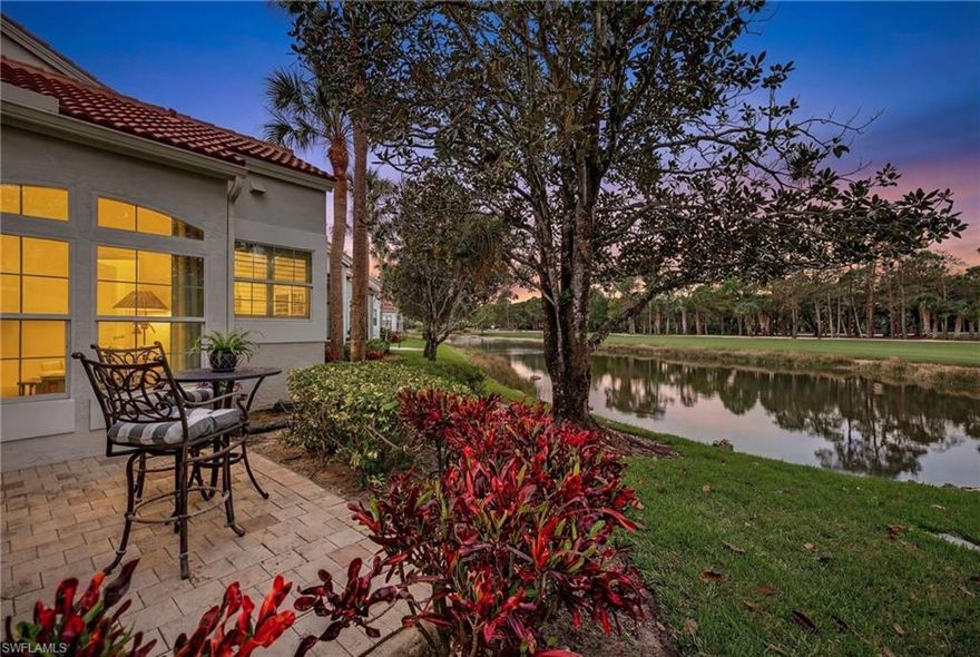 This beautifully updated turnkey end-unit villa in the highly sought-after Amblewood neighborhood of Wyndemere Country Club is move-in ready and a short walk to the club! Enjoy spectacular sunsets from your private back patio set to a backdrop of stunning water and golf views of the 4th green fairway. Inside, natural light fills each room through tall impact windows and sliders, illuminating an open floor plan that feels elegant and spacious. This residence lives like a single-family home, with 10-foot ceilings, recessed lighting, custom crown moldings, tile flooring, a charming front entry porch, and attached 2-car garage. Other highlights include a new roof, fresh paint, and a thoughtfully designed wet bar with custom shelving, cabinetry, and wine cooler – perfect for effortless entertaining. The fully renovated kitchen shines with custom white cabinetry, marble countertops, stainless-steel appliances and a bright breakfast nook. The spacious office can easily be converted to a 3rd bedroom or used as a family room or den. The primary suite features a large walk-in closet and fully renovated bath with separate shower and soaking tub. Amblewood is a popular pet friendly neighborhood on a charming tree lined street. Move right in and enjoy the 2026 season in this incredible Platinum Club. Wyndemere, an award-winning 2025-2026 Platinum Club of America, offers unmatched amenities, including 27 holes of Arthur Hills golf, 10 HarTru tennis courts, pickleball courts with 165 stadium seating for pickleball pro exhibitions, active bocce teams, full croquet, a resort style zero entry pool, golf simulator, putting greens, driving ranges, 2 pro shops. A full-service spa, salon and state of the art fitness center with a full schedule of group exercise classes and personal training. Enjoy formal dining, as well as indoor/outdoor casual dining at the Tiebreaker, and a lively social schedule of events/parties at the club. Wyndemere, known for its friendly and welcoming membership, is ideally located within minutes to 5th Avenue world class dining, shopping and the spectacular sugar sand Gulf beaches. Live everyday like you are on vacation and come enjoy this amazing lifestyle!