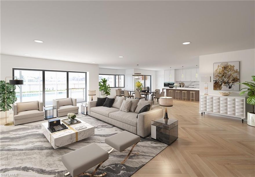 Breathtaking day & night open Naples Bay views on .33 acre lot. Gracious waterfront estate, spacious yet with the scale and feel of a warm loving home steeped in elegance and charm.  The covered entry porch opens to a spectacular main living area with pocket sliders that open to expansive bay views. Wake to calming water views in your generous master suite. Open kitchen provides storage and space for cooking and entertaining, the family room boasts volume ceilings with stone fireplace. 2 large bedrooms + den and 2.5 bath complete the main level. On the second floor there is an extremely large bedroom with a balcony showcasing 180 degree views of the bay. Additional features include NEW ROOF in 2017 & NEW DOCK in 2015, wrought-iron fence around pool, two living areas, formal dining, privacy and lush landscaping on this quiet street. Arthur Rutenberg built residence offers an ever changing canvas of captivating views.  Enjoy watching the boats go by and the dolphins play, perfect sunsets, sparkling lights at night, the best seat to watch the Naples fireworks from your pool deck or second floor balcony. Adjacent property is for sale as well - 2192 Kingfish buy both & build dream home.