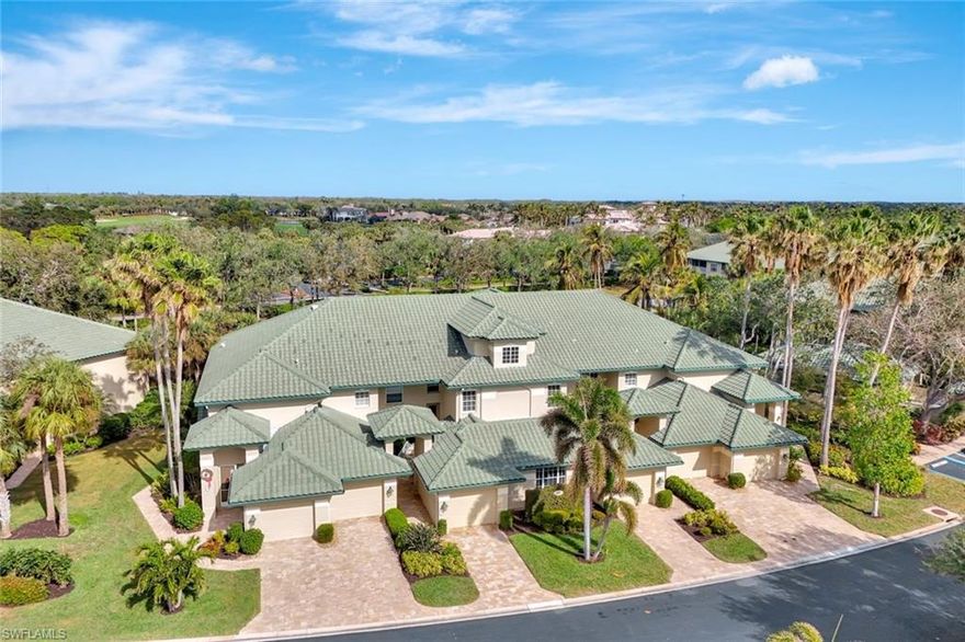 Stunning and unique first floor coach home in Palm Colony with separate Guest Cabana bedroom and bath and private entry, making this condo home 3 bedrooms, 3 baths. This condo has been freshly painted, new carpet in two bedrooms, steamed tile and grout cleaning and glass enclosed Lanai making it one of the largest first floor units U/A/C in Palm Colony. There are only 4 floor plans like this in all of Palm Colony and when one comes available, they are usually snatched up quickly. The separate Guest Cabana has its own entry and guests staying in the Cabana can come and go without disturbing the rest of the household. Lovely open Living room Dining room with Lake and fountain views and fabulous sunsets! Huge Master suite with large walk in closet and open to the enclosed Lanai and lake views. The Master bath has it all with his & her sinks, soaking tub and fully tiled walk in shower.  The second bedroom has total privacy with adjoining guest bath and sliders to the screened in courtyard.  Guests can enjoy their morning coffee on the courtyard without disturbing the household. Palm Colony is the only condo community in Pelican Landing with two heated pools & spas and cook out areas.  If you are a Tennis buff, this is your perfect location right across from the Tennis courts.  Pelican Landing is situated on 2400 acres west of U.S. 41 nestled along Estero Bay. Pelican Landing has the most amenities for the lowest master HOA of any community in Lee or Collier counties. Offering a 34 acre Private Beach Island with attendants to set up beach chairs and umbrellas, restrooms, showers, private beach pavilion, and Beach shuttle to and from the island. 12 Tennis courts with Full time Tennis director, state of the art Fitness Center, Bocce ball, Pickleball, and miles of jogging and biking trails. A children's playground, and Kayak and Canoe Park for kayaking down Spring Creek to the bay and gulf. Your Florida home awaits.....