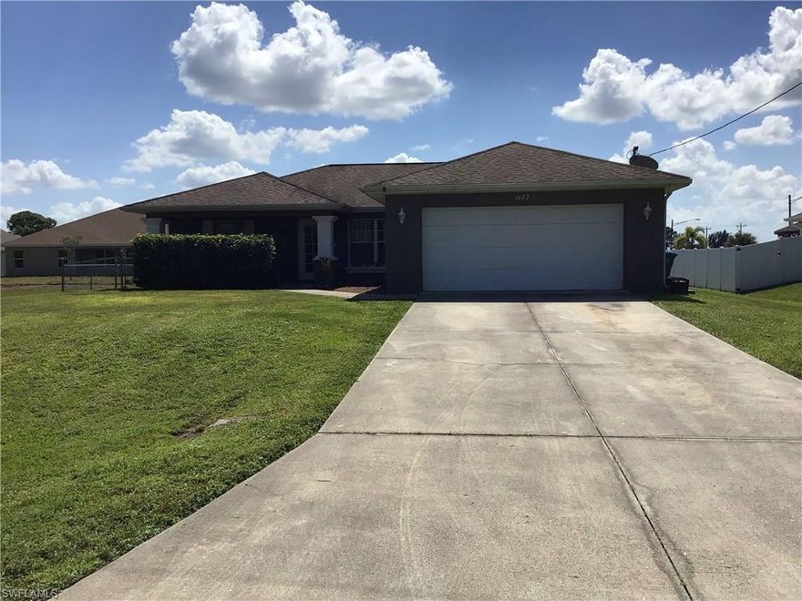 Come and enjoy the comforts of North Cape Coral, in Southwest Florida. 1622 Durden Parkway is a beautiful concrete block home with 3 bedrooms and 2 full bathrooms, attached garage and a screened in lanai. Can you imagine yourself being able to work and live in paradise? Well this is your opportunity to make that daydream a reality. Who says it can't be 2 Bedrooms and an Office. It's 2021, so let's get creative with your home space.  This split floor plan definitely comes in handy when you have to make a dash for a quiet spot in the house to conduct your zoom meetings.

Even better a home that has been upgraded; definitely makes life easier. Lots of renovations and new equipment replacements. The Buyer will enjoy the newer AC system, water heater, well pump and entire water system. The Seller has even replaced the carpet with tile. Got to love the upgrades.  

This house is exactly what you need. Warm climate; tropical tranquility; options to work from home; and lots of activities to enjoy. Come and enjoy your piece of Paradise.