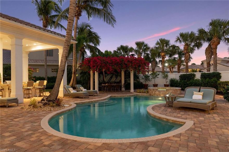 Sophisticated elements and a contemporary flair create an elegant yet comfortable atmosphere
at this private retreat in the exclusive enclave of Caprini. This gracious 4-bedroom 3.5 bath open
concept oasis spans one of the largest lots in the community. Ideally situated across from the
beach and boat docks on Lake Como, this is an opportunity to live surrounded by perfectly
maintained lush landscaping in a lifestyle inspired home outfitted with every modern
convenience. Enjoy indoor/outdoor entertaining in style. Architectural whispers of the
Mediterranean are paired with refined details and a transformative lanai complete with saltwater
pool and spa, full guest cabana suite with separate entrance, outdoor bar/grill and dining
pergola. Deluxe master complete with spa bath, NEW Chef’s kitchen accented with timeless
two-tone cabinetry, dual ovens, and breakfast bar. Spacious indoor dining room with custom
cabinetry/coffee bar. Home generator, 3 car garage, W/D. Embrace the resort lifestyle, nestled
behind the magical gates of award winning Miromar Golf & Country Club.