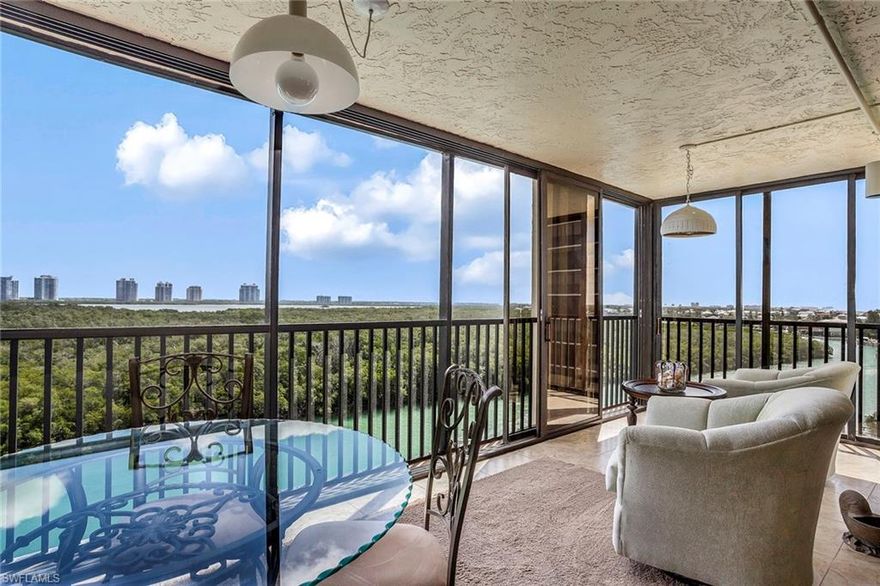 Perfectly situated high-rise condominium located on Hickory Island with spectacular views of both the Gulf of Mexico and Estero Bay. The wraparound lanai features sliding-glass doors to enclose your living space or open to the bay breeze. This two-bedroom, two-bath unit includes granite countertops in kitchen and baths, updated cabinetry, tile flooring in high traffic areas and carpet in living areas. Premium covered parking and steps away from pool, spa and sun deck. Bay Harbor Club offers deeded beach access with a shower area, large, heated pool and spa, grilling areas, sun deck, tennis courts, pickleball, shuffleboard courts and a clubhouse.