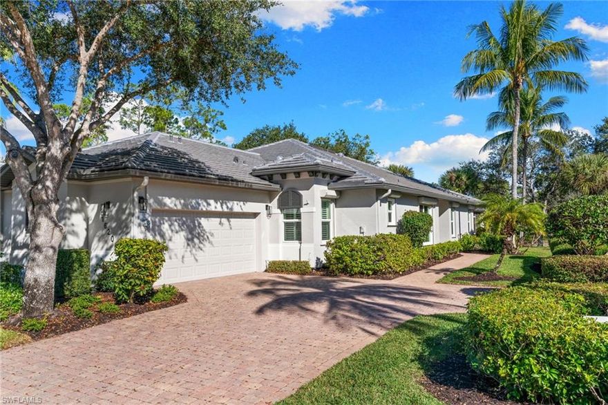 Welcome to this beautifully maintained 3-bedroom, 2-bath deeded condo home tucked away on a quiet cul-de-sac in the highly desirable Tarpon Bay community—offering easy, low-maintenance living without sacrificing space or privacy. Lightly used on a seasonal basis, this residence provides exceptional peace of mind with major updates already completed, including a brand-new roof, impact windows, and fresh exterior paint in 2025.  The home features a bright, open great room floor plan filled with natural light thanks to its desirable southern exposure, creating an inviting and airy living space throughout the day. A side-load garage with an extended driveway enhances curb appeal and provides ample parking.  Inside, refined architectural details such as crown molding throughout add an elegant touch, while both bathrooms have been upgraded with frameless glass shower enclosures.  Designed for comfort and efficiency, the property includes a 5-year-old A/C system with new copper lines, gas cooking, gas hot water, and a gas dryer. A dedicated gas connection for a generator adds an extra level of preparedness and convenience.  Outdoor living is a standout feature. The extended lanai enjoys cool evening shade, making it ideal for relaxing or entertaining, and is fully protected with storm shutters for all windows and doors.  This move-in-ready home combines thoughtful upgrades, minimal wear, and the convenience of deeded condo living—perfect for enjoying the Florida lifestyle with confidence, comfort, and ease.  Tarpon Bay is a gated, resort-style community with world-class amenities, including clay tennis courts, pickleball, basketball, volleyball, billiards, gas grills, infinity-edge pool, spa, and fishing pier. Ideally located near I-75 and just minutes to Naples’ pristine beaches, shopping, and dining, this community offers the ultimate Naples lifestyle