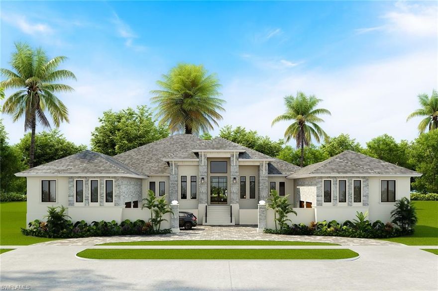 Discover the epitome of luxury in this custom-built contemporary home, on an oversized lot in the prestigious estate area of Marco Island. This remarkable residence spans 3,998 square feet of air-conditioned living space, offering opulence and comfort in every corner. Enter the expansive great room, where a custom feature wall creates a breathtaking focal point. Adjacent, the gourmet chef's dream kitchen awaits, boasting custom cabinetry, quartz countertops, 48-inch six-burner gas stove with second oven and griddle, large working island and additional twin social island, and large pantry with additional butler's pantry. Completing this culinary haven is a unique glassed-in wine cooler adorned with a stunning stone wall finish. The intelligently designed split bedroom floor plan ensures privacy and convenience, featuring all en-suite bedrooms and a lavish primary suite retreat. Tile floors throughout the home add a touch of elegance and durability. Embrace the Florida lifestyle with an exceptional outdoor living space designed for relaxation and entertainment. The saltwater pool, spa, summer kitchen, pool bath, outdoor shower and electric fireplace provide a haven for enjoyment. Covered lanais equipped with electric screens offer comfort and protection, creating a setting for alfresco dining and lounging. Additional features include a whole-house generator, 500-gallon propane tank, two oversized garages accommodating space for four cars, circular drive, impact windows and doors, and a 13-foot living area elevation. This home is a sanctuary of luxury, thoughtfully crafted with meticulous attention to detail. Indulge in the unparalleled elegance and sophistication of this magnificent Marco Island estate, where every amenity and feature has been designed to enhance your living experience. Estimated completion date August 2026. Photos in this listing have been virtually rendered.