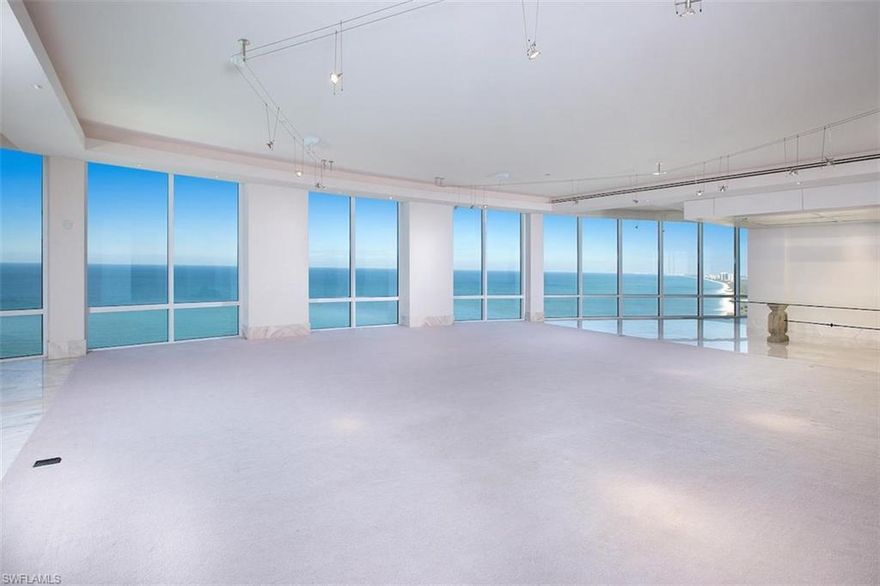 Mansion in the sky, an indescribable opportunity to make this Le Rivage penthouse masterpiece yours. Revel in 360-degree, floor to ceiling views with ownership of this entire 23rd floor of this Park Shore jewel.  Accommodations include 4 en suite bedrooms, 6.5 bathrooms in total, the master suite featuring dual master bathrooms.  Gourmet kitchen with views to the Gulf, extensive storage and walk-in-closets, welcoming family room, abundant spaces including galleries, foyers and the spectacular loggia great room sitting atop the Gulf of Mexico.  All luxury demands are met with voluminous ceilings, private elevator lobby and separate freight and service elevator, home automation, 4 secured under building parking spaces, attended entry and guarded gate services, building amenities featuring pool & spa, fitness facilities, and beachfront living in Park Shore.