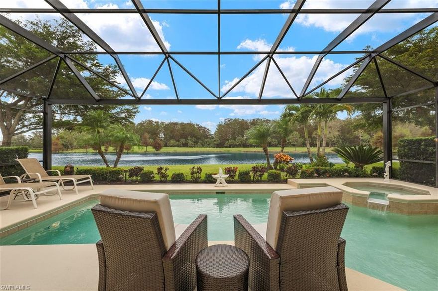 Immediate Golf Membership! This elegant home offers a harmonious blend of sophistication and comfort. This stunning home features a new roof 2022, elegantly designed floorplan providing ample space for both relaxation and entertainment, two bedrooms, a den/office and two and a half bathrooms. Upon entering, you are greeted by the view! Tile flooring flows seamlessly throughout the living spaces. The heart of the home is the beautifully appointed kitchen, featuring pristine white cabinets and luxurious quartz countertops, creating a perfect setting for culinary delights. Your master suite is a sanctuary of its own, with expansive lake views that promise tranquility and peace. Step outside to discover your own private oasis, complete with a sparkling pool that invites you to indulge in leisurely swims under the Florida sun. This outdoor space is perfect for entertaining or simply enjoying the serene lakefront setting.  TwinEagles is one of the finest communities in SWFL, experience 1,115 acres of natural tranquility, 2 Championship Golf Courses- Talon course designed by the Nicklaus Group and The Eagle Course designed by Steve Smyers. New Clubhouse, Bocce Courts, Himalayan putting green, Fitness Center, Tennis, Pickle-ball, Resort Pool and Tiki Bar. Embrace the Naples lifestyle in this stunning lakefront home, where every detail has been carefully curated to offer an unparalleled living experience.