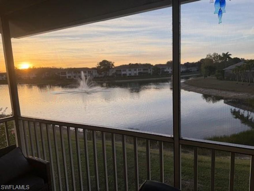 Beautiful condo with Lake view, fountains that come on in the morning and turn off at night.  Drink your morning coffee on the lanai watching the ducks float around the lake.  Palm tree view out your front window and around the lake.  Located directly across from the pool.  Beautifully landscaped and well maintained by the HOA.  Close to Beach, Airport, Shopping & Restaurants.  Detached garage right outside your front door.  Don't miss out on this opportunity to own your piece of paradise.