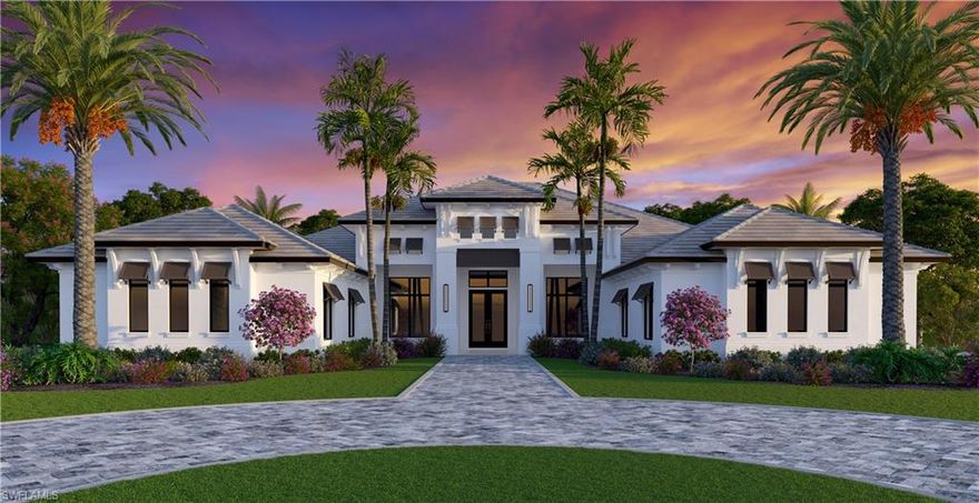 Privately set behind a circular drive on two point two eight acres in prestigious Oakes Estates, six one five five Bur Oaks Lane presents a new construction estate opportunity designed for elevated Naples living and effortless sophistication. Offering five thousand nine hundred ten square feet under air, this stately residence blends architectural presence with refined comfort, framed by lush landscaping and secured by PGT impact windows and a full-home Generac generator. A dramatic walnut and glass entry door opens to European oak floors that guide you through a thoughtfully executed floor plan. The stately library offers an elegant private study, while the great room’s fireplace anchors views of the custom saltwater lap pool and spa beyond. Indoor living flows seamlessly outdoors to a next-level entertaining terrace featuring a fireplace, seventy-seven-inch television, fully equipped summer kitchen, and covered dining area designed for year-round enjoyment. The expansive kitchen is a centerpiece of the home, showcasing custom illuminated solid-wood cabinetry, smooth-surface countertops, an oversized island, walk-in pantry, and a premium Thermador appliance suite including a forty-eight-inch gas range, seventy-two-inch refrigeration, dual wine towers, and a dedicated coffee station. The primary suite is a serene retreat opening directly to the pool, complemented by a spa-inspired bath with soaking tub, steam shower, backlit dual vanities, and custom California Closets. Four additional guest suites offer en-suite baths and walk-in closets, while a flexible retreat room and an upstairs bonus room with elevator and balcony provide versatile living options.
Outfitted with a Control4 smart-home system, six-zone audio, advanced air purification, and a generous lighting allowance, this residence delivers turnkey luxury moments from Naples’ finest dining, beaches, and culture. Schedule a private showing to experience the lifestyle that awaits.