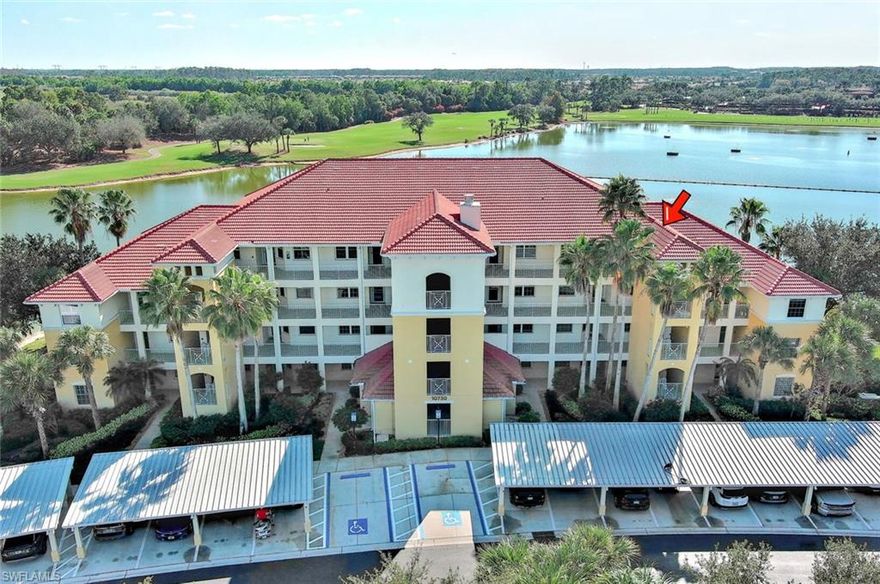 TURNKEY Ravenna 4th Floor "PENTHOUSE" Condo with the Absolute Best View in Pelican Preserve. 180 Degree View of the Best Morning Sunrises & those Amazing S.W. Florida Sunsets! Plus, perfectly located with a Middle of the "Lake Driving Range" with views of the Clubhouse & Fairways on each side of the Lake! LOCATION! LOCATION! LOCATION! AMAZING LAKE VIEW FROM YOUR PENTHOUSE 4TH FLOOR CONDO {ON THE TOP FLOOR W/NO ONE ABOVE YOU & AN END UNIT W/ TOTAL PRIVACY ON ONE SIDE } PLUS LOCATED IN PELICAN PRESERVE ONE OF THE TOP 55+ COMMUNITIES IN THE U.S. Totally Open Floor Plan with Vaulted Ceilings! You truly feel like you're in a Single Family Home with the High Ceilings! TONS of UPGRADES: (1.) FURNITURE: All Furniture is "High-End" & was purchased @ Haverty's Fine Furniture=$32,000. (2.) KITCHEN REMODEL: Countertops, Backsplash, Cupboards & Sink Taps=$21,000. (3.) NEW APPLIANCES: (Refrigerator, Stove, Microwave, Dishwasher, Washer & Dryer=$5,800. TOTAL UPDATES =$58,800. LIKE BUYING A NEW HOME! A.C. with Bacteria Filtration System & Hot Water Heater are 2018. Master Bedroom has a King Bed & Luxury Vinyl Plank=NO CARPET! QUARTZ COUNTERTOPS throughout the Home plus SOFT-CLOSE DRAWERS throughout the Home! 70" T.V. for your Entertainment in the Living Room! Laundry Room has LG Washer & Dryer about 1 1/2 years old plus White Cabinets. The Lanai has Tile Flooring & Sun Shades!  Come & See this Beautiful Home in Person so You can see for Yourself why this is the Perfect Home For YOU! WELCOME TO PARADISE! YOUR FUTURE HOME IS LOCATED IN PELICAN PRESERVE ONE OF THE TOP 55+ COMMUNITIES IN THE U.S. LOCATED NEAR SWFL INTL. AIRPORT, SHOPPING & THE BEACHES!