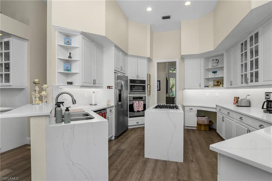 Updated single family home on a very generously sized landscaped homesite in Riverwalk offered furnished. Light and bright and very well maintained. Newer wood flooring throughout all the main living areas. Renovated kitchen in 2024 with white cabinetry and quartz counters. New microwave, dishwasher and cooktop in 2023. All bathrooms have been updated from top to bottom. New roof in 2018. Hot Water Tank replaced in 2023. Main HVAC unit replaced in 2023. 2nd HVAC unit condenser replaced in 2024. Heat pump for pool replaced in 2024. A/C storage in the garage. His and Hers Master Bathrooms. Plantation Shutters. Residents of Bonita Bay have access to the private beach park currently going through a total renovation, Backwater Jack's Restaurant and marina along with 3 parks. Popular Riverwalk Park offers kayak/canoe/boat launch & community pickleball/tennis courts. Bonita Bay Residents can also enjoy 12+miles of biking and walking trails throughout the community. Residents have options to join the Country Club with 5 world class golf courses, sports/racquet center, resort-style pool, state-of-the-art fitness facility, luxury spa & salon.