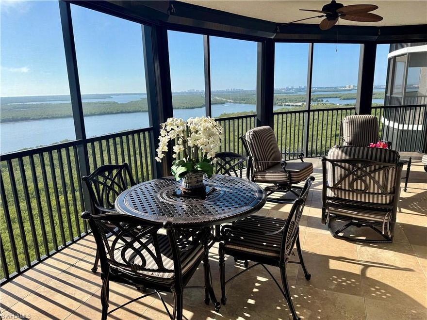 WOW!  TAKE A LOOK AT THIS 14TH FLOOR SKY HOME WITH AMAZING VIEWS BOTH DAY AND NIGHT. STEP OFF THE ELEVATOR INTO YOUR PRIVATE RESIDENCE LOBBY WITH FAUX ART PAINTING AND LIGHTING.  EXOTIC CUSTOM KITCHEN WITH QUARTZ ONE LEVEL COUNTERS, STACKED STONE BACKSPLASH, POSH PENDENTS AND STATE OF THE ART APPLIANCES.  ELECTRIC STORM SHUTTERS ARE ON THE SCREEN LANAI AND THE OPEN LANAI.  THE RESIDENCE FEATURES DESIGNER TILE AND HAND CRAFTED WOOD FLOORING, PLANTATION SHUTTERS ON THE LANAI DOORS, ELECTRIC BLACKOUT SHADES, CEILING FANS THROUGHOUT, AND MORE.  THE HOTEL INSPIRED PRIMARY SUITE HAS LANAI ACCESS AND VIEWS OF THE BAY.  THE LUXURIOUS PRIMARY BATH HAS QUARTZ COUNTER TOPS AND STUNNING FLOORING.  BEDROOM TWO HAS A MODERN MURPHY BED SYSTEM WITH  MATCHING SIDE UNIT SO IT CAN BE USED AS A DEN OR PERFECT FOR GUESTS, AND THE GUEST BATH IS JUST OUTSIDE.  LESINA IS A 5 STAR LUXURY TOWER SHOWCASING A LUSH TROPICAL POOL AND SPA SETTING, POOL PAVILION, GRILLING AREA, 2 SPACIOUS GUEST SUITES, THEATER, FITNESS CENTER, GRAND SALON, LIBRARY, DOG PARK, UNDER BUILDING PARKING AND MORE.