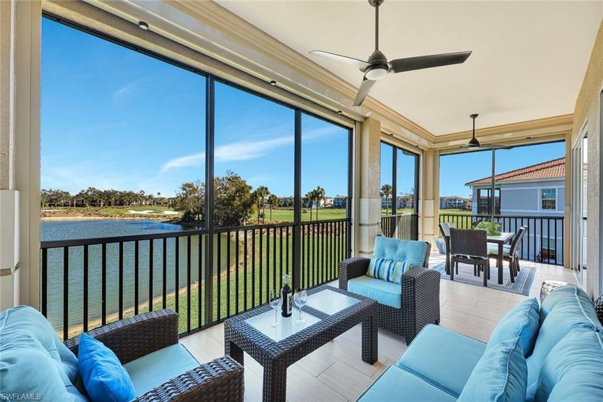 This is the one!  Panoramic VERY private golf/lake views from this oversized 340 SF lanai!  Private elevator just inside whisks you to this immaculate, gently used 2018 coach home with 2-car garage, or enjoy the tiled stairs! All impact glass for your comfort, quiet and peace of mind without lifting a finger.  Electric storm shutters enclose your lanai so you don't need to move furniture inside even in inclement weather.  This spacious functional floorplan lives like a single family home. Subtle light wood plank tile runs throughout the bright home (even the grout is pristine!). 3 ensuite BRs, all nicely separated, plus den plus sunlit office, provide ample room and privacy for extended family.  High coffered ceilings, solid wood doors, 5" baseboards, brushed nickel or stainless hardware throughout, and wood closet built-ins are just some of the upgraded features you'll love!  The large chef's kitchen is open to the great room and the den, and features Samsung stainless appliances (the refrigerator boasts a recently replaced icemaker), and the huge pantry and most kitchen cabinets feature convenient pull-out drawers.  Vista Pointe is the newest Vineyards community and features a resort-style pool/spa/clubhouse included in your condo fees, and multiple guest parking spaces are a very short walk. We didn't need AI to assist with these Remarks since this truly is a ready-to-move-into showplace you'll never want to leave!  Vineyards memberships are available/completely optional, featuring 36 holes and fabulous newer fitness/spa, a resort-style plus separate saltwater lap pool, tennis/pickle ball/bocce facilities, numerous fun activities and recently renovated formal and casual restaurants (membership info is attached in MLS).