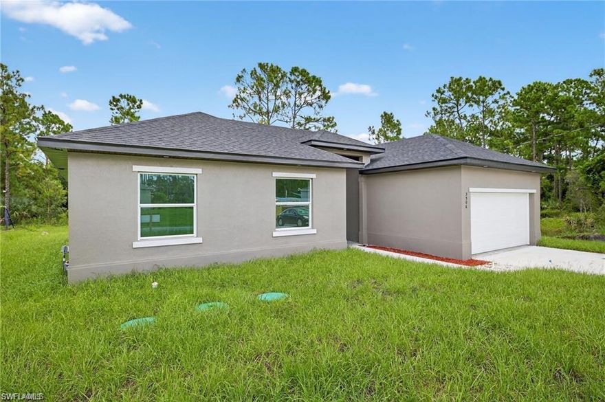Enjoy the Florida lifestyle in this beautifully detailed, move-in ready new construction home! This property offers 3 bedrooms plus a den, 2 bathrooms, an open floor plan, and a double-car garage. Interior highlights include 24x24 tile flooring throughout, stainless steel appliances, quartz countertops, LED light fixtures, 10 ft ceilings, soft shaker cabinetry, and impact windows for enhanced safety and style. The laundry room is equipped with a Samsung washer and dryer . Built for comfort and durability, the home also includes a full sprinkler system to keep your lawn lush year-round. The open layout features a spacious living area, a deluxe kitchen, and a dining room, making it ideal for entertaining. The primary suite includes a large walk-in closet, dual vanities, and a walk-in shower. Located near SWFL International Airport, FGCU, shopping centers, and dining, this home offers easy access to all the best of Southwest Florida.
