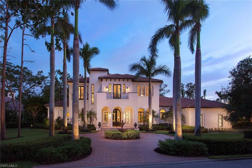 An exceptional outdoor living space is found in this home, overlooking water and golf on the Pine Course. The design of this residence integrates the indoor-outdoor living spaces to create a fantastic open-air venue for entertaining. The southern exposure on nearly one acre affords generous space for the two custom pools and spa for your relaxing while viewing Naples legendary sunsets. Magnificent iron and glass entry doors open to a two-story foyer and custom-designed iron staircase. The living room features a stone fireplace, French doors and marble flooring. The designer kitchen has gourmet appliances, custom cabinetry, butler’s pantry, center island with vegetable sink and two dishwashers. The glass-enclosed circular breakfast room with custom ceiling detail overlooks the pool and expansive views. The Master bedroom features phenomenal closet space plus his and her bathrooms, and wet bar. Many upgrades including custom-designed wine storage, two stone fireplaces, summer kitchen with a gas grill, wet bar off the living room, custom elevator and 65kw full-house generator. There are 4 attached air-conditioned garages.   This former model comes with all the bells and whistles.