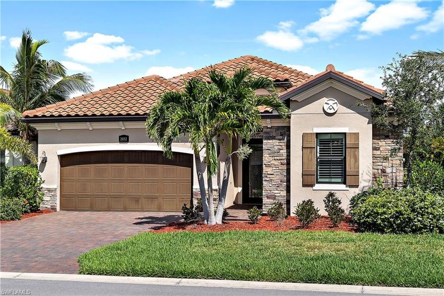 Looking for a place to call home, then stop the search and move right in! Coming fully furnished this charming 3 bedroom plus den or optional 4th bedroom, 3 bathroom Maria model lakefront pool home has been appointed with Hunter Douglas horizontal sliding shades in the living room and primary bedroom, wood plantation shutters on other windows, electric Hurricane shutters and shade screen on the lanai and ceramic tile floors throughout the entire home. The chef’s kitchen has a large walk-in pantry, stainless steel GE appliances, beautiful cream colored granite countertops & center island with bar seating. The primary bathroom features dual sinks with built-in make-up vanity, large walk-in shower and oval corner bath. The open floor plan, allows for easy living & entertaining, with a continuous flow from interior to the outdoor space. Enjoy lake view sunsets from the comfort of the screened lanai, unwind in the spa or take a swim in your heated pool, grill steaks and burgers on your outdoor built-in BBQ. This home comes with a social membership to the club.