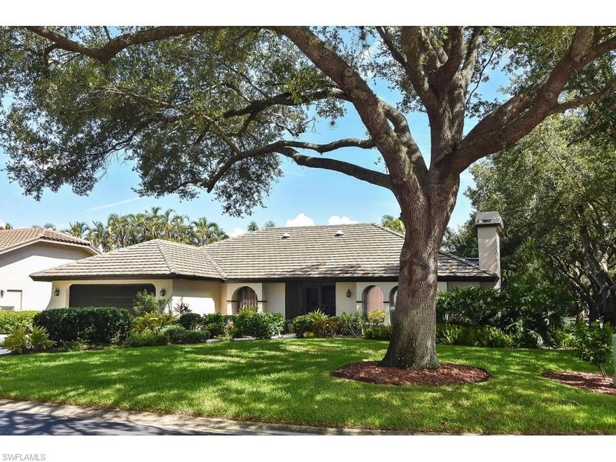 Located in the coveted Caloosa Yacht and Racquet Club on private corner lot with giant oak trees this 3/2 home is completely updated w/modern open floor plan. Large den w/wood burning fireplace. Beautifully landscaped-move in ready. Taxes are low, HOA fees low. Caloosa Y&R Club is a sought after gated community w/great location off McGregor and on the Caloosahatchie River.  Ideal for owners that want a boat in a private marina on the river. Slip fees only $4/ft. All CYRC owners enjoy free membership to the 5 Star BLUE COYOTE restaurant; a private members only supper club located in the development and overlooking the Caloosahatchie. Additional amenities include tennis, pickle ball, social activities, large park w/trail, fishing dock plus large community pool. NEW-premium roof w/solar powered attic fans and solar tubes, heated salt water pool w/travertine decking, HVAC, kitchen and baths including premium stone, electric hurricane shutters.